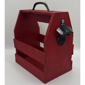 Wood Rustic Red Beer Bottle 6-slot Caddy Carrier Holder w/Bottle Opener